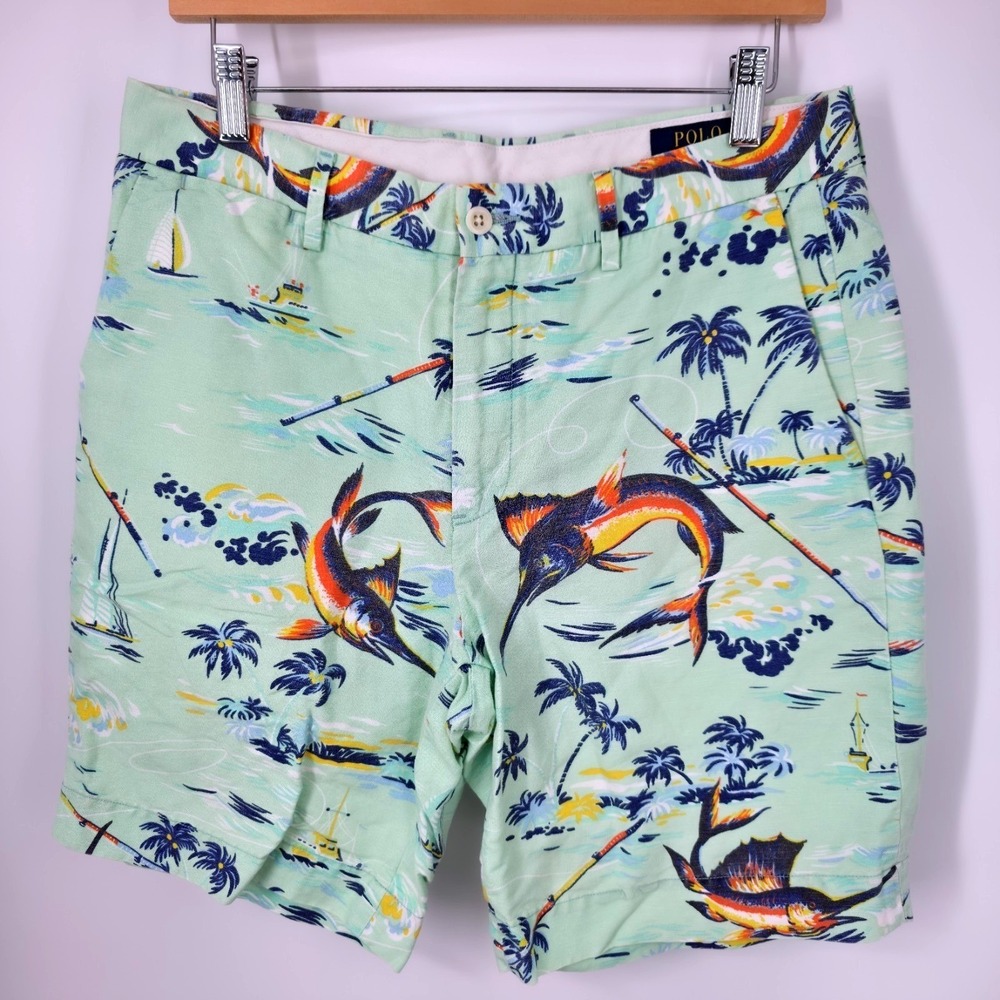 Polo Ralph Lauren Marlin Print Shorts Mens 31 Green Linen Blend Tropical Fishing